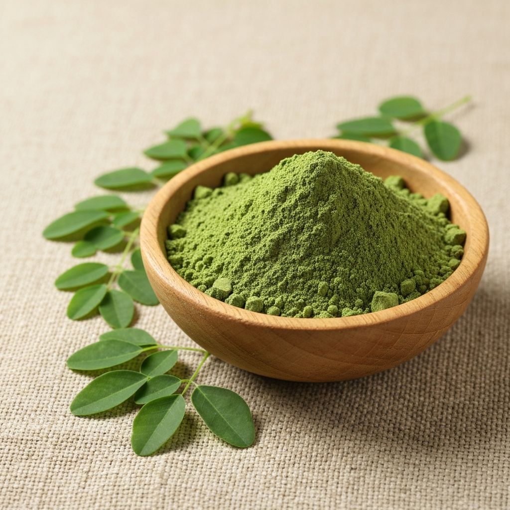 Premium Moringa Leaf Powder — wooden bowl of green powder with fresh moringa leaves